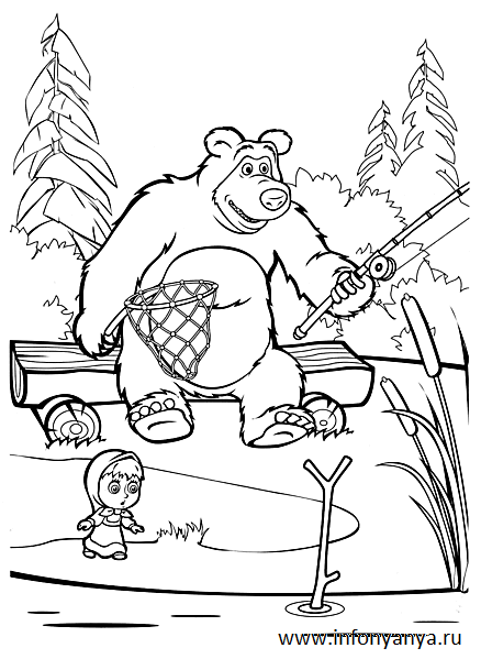 Розмальовки Маша і Ведмідь розфарбування маша і ведмідь, рибалка, ліс, вудка