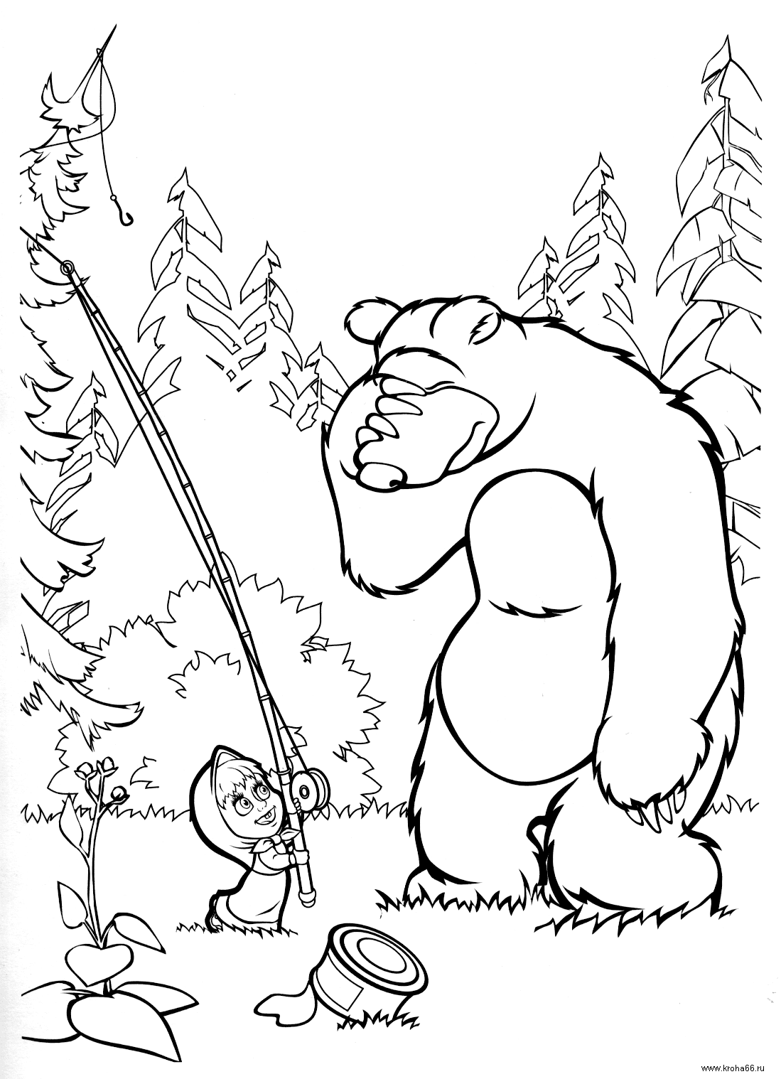 Розмальовки Маша і Ведмідь маша і ведмідь, рибалка, вудка, ліс