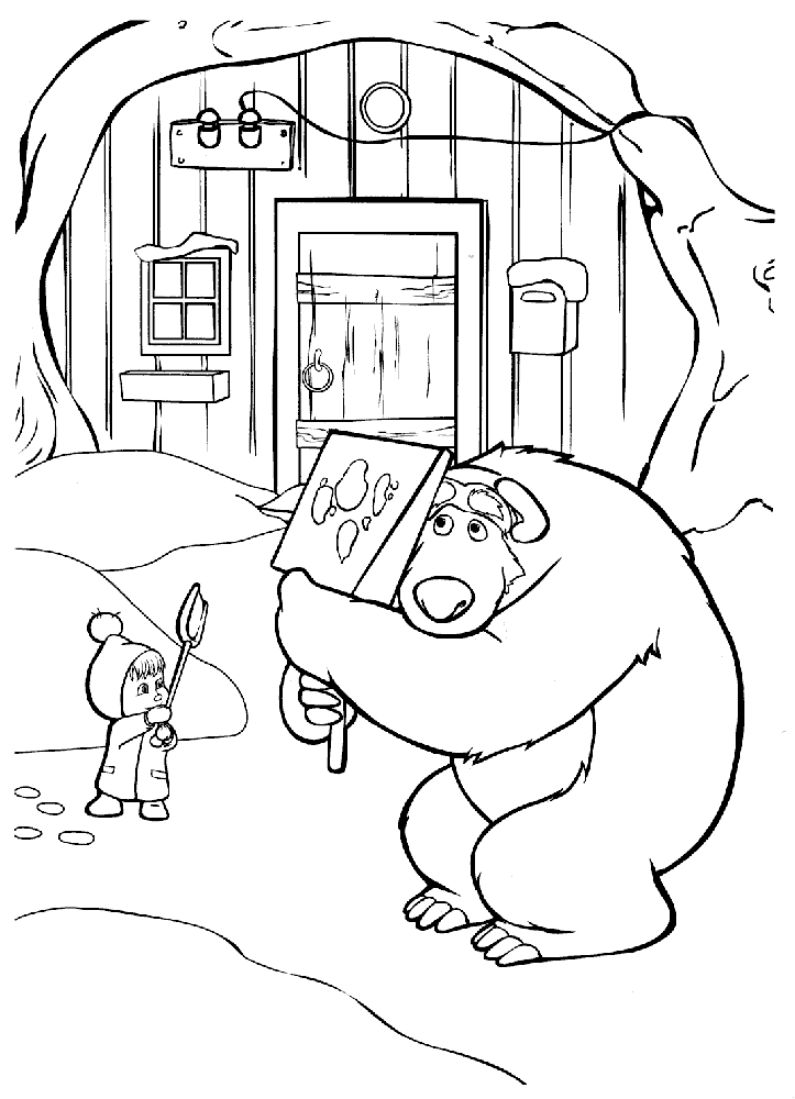 Розмальовки Маша і Ведмідь маша і ведмідь, розмальовки, лопатки, будинок, сніг