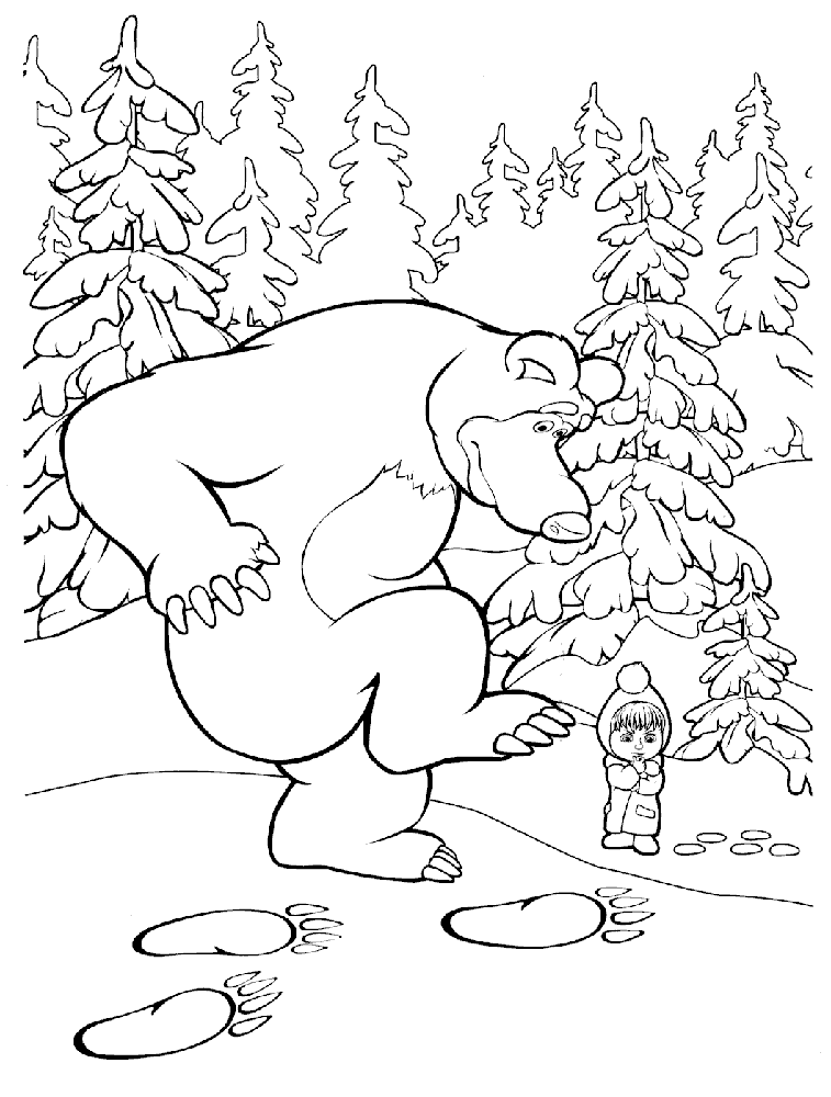 Розмальовки Маша і Ведмідь маша і ведмідь, розмальовки, сліди, сніг, дерева
