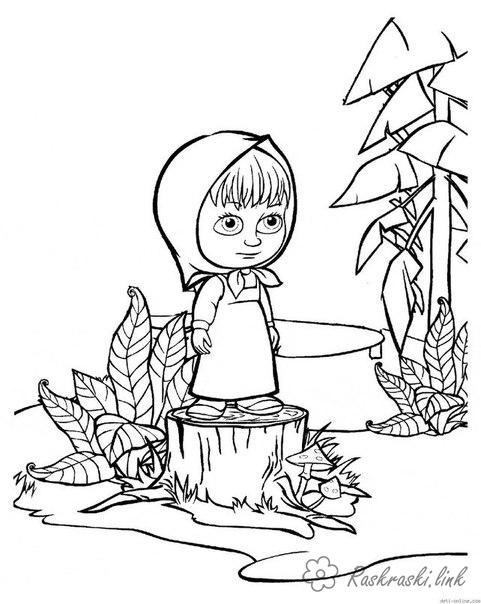 Coloring stump coloring pages Masha and the Bear, stump, trees, children
