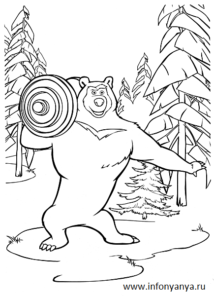 Розмальовки Маша і Ведмідь миша, гантелі, спорт, ліс
