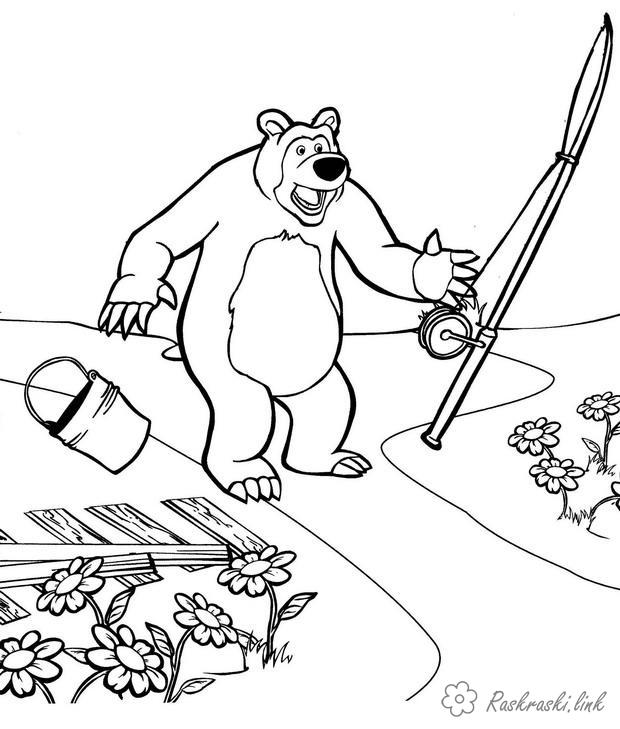 Розмальовки вудка розфарбування для дітей, маша и медведь, вудка, риболовля