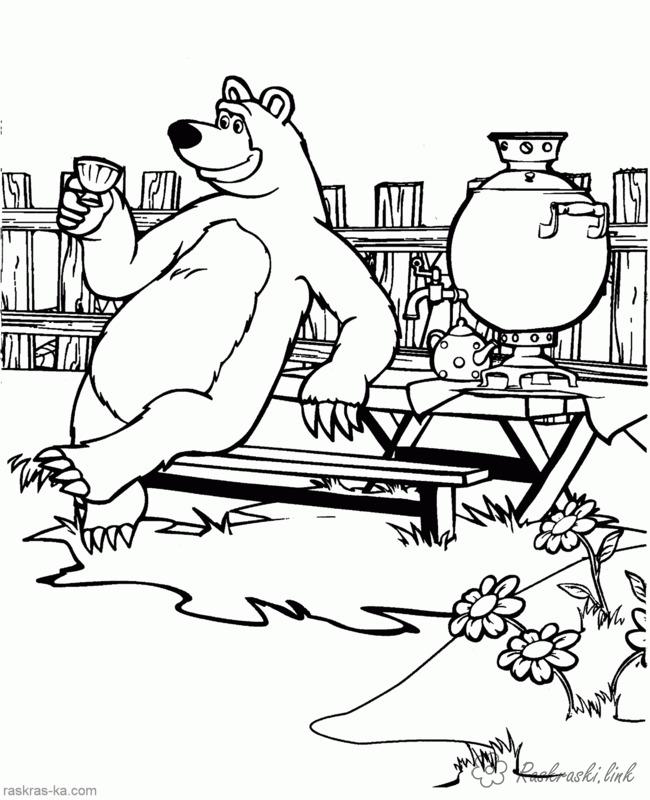 Розмальовки чай розфарбування маша і ведмідь, миша, самовар, чайник