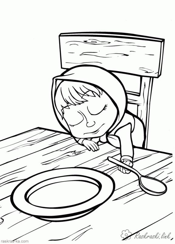 Розмальовки Маша і Ведмідь розфарбування, миша і ведмідь, стіл, тарілка, ложка