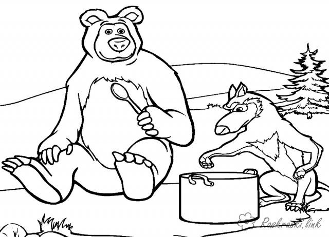 Розмальовки Маша і Ведмідь ведмідь, каструля, вовк, ложка, природа 