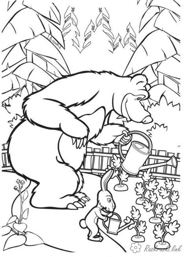 Розмальовки Маша і Ведмідь розфарбування маша і ведмідь, город, квіти