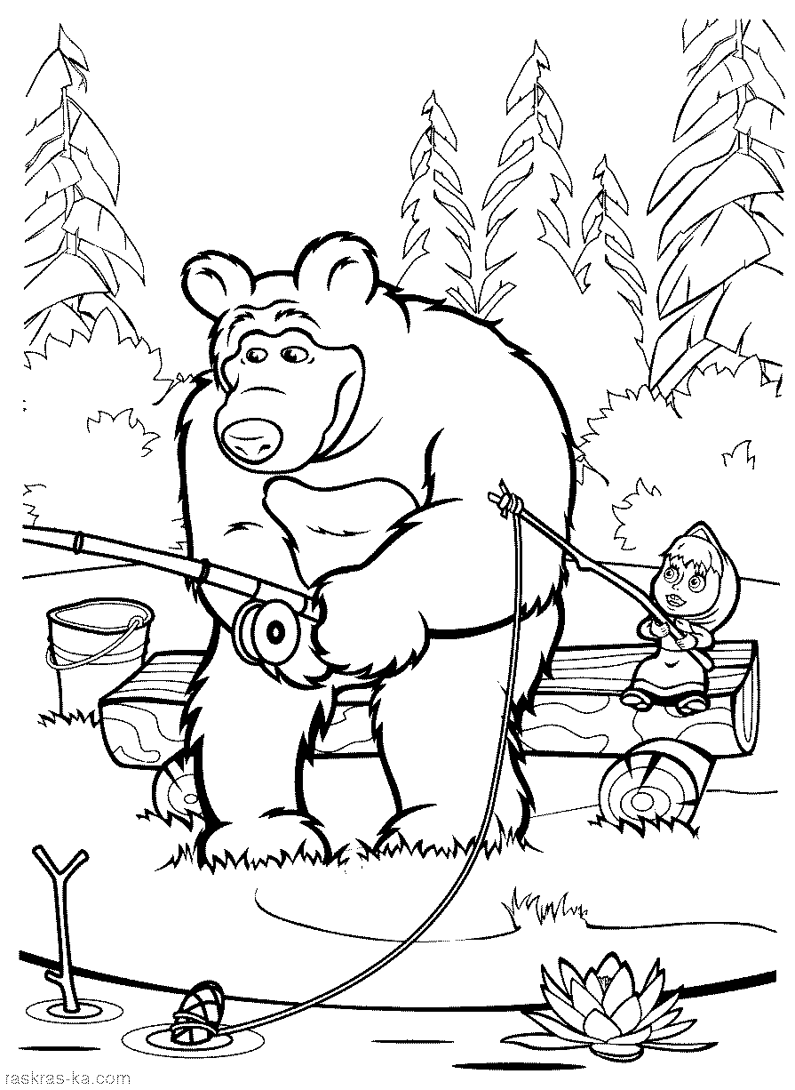 Розмальовки Маша і Ведмідь розфарбування маша і ведмідь, рибалка, озеро, ліс, дерева