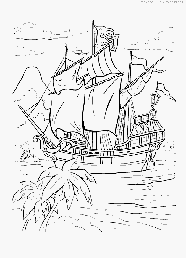 Розмальовки Кораблі корабель, пальми, розмальовки для дітей