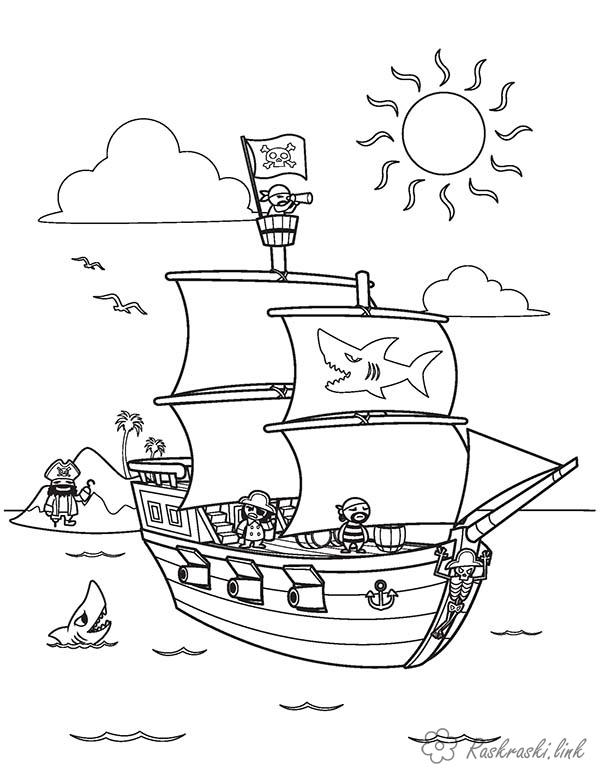 Розмальовки корабель розфарбування для хлопчиків, піратський, акула