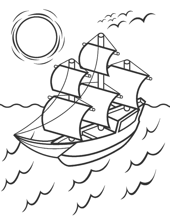 Розмальовки Кораблі корабель, сонце, хвилі, чайки