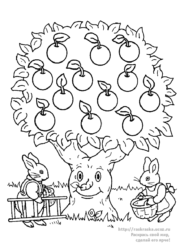 Розмальовки дерева ракраска яблуня і зайчики