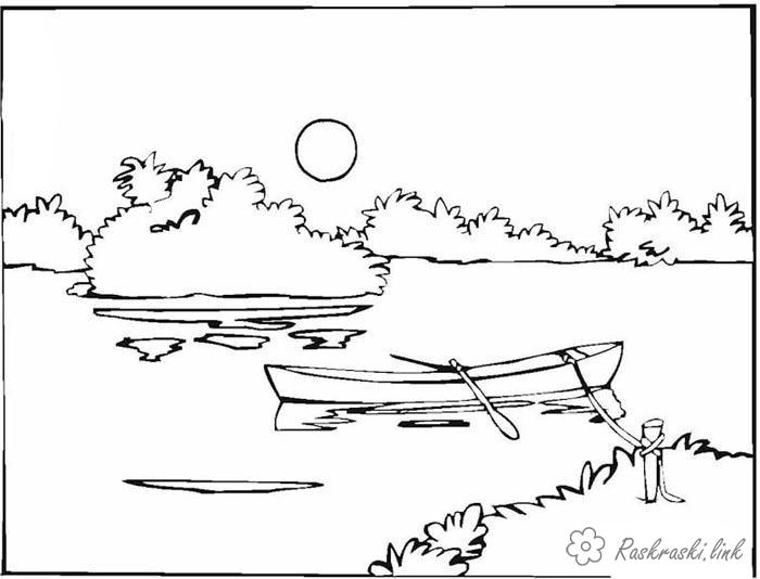 Розмальовки Ліс і пейзажі розфарбування краєвид річка, човен з веслами, сонце