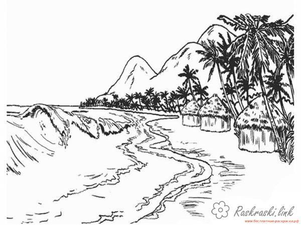 Розмальовки Ліс і пейзажі розфарбування краєвид океан, хатини на березі, пальми
