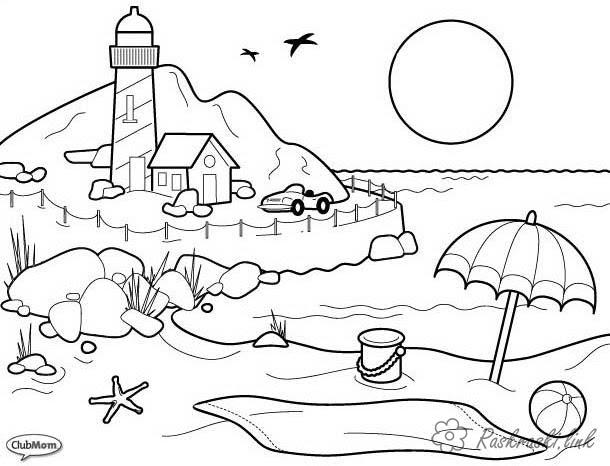 Розмальовки Літо розфарбування літо сонячний захід пляж маяк машина