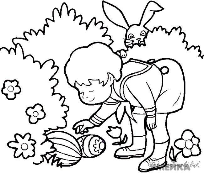 Розмальовки природа розфарбування літо зайчик хлопчик квіточки листочки