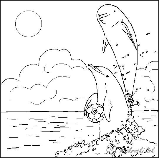 Розмальовки веселі розфарбування літо веселі дельфіни море м'ячик