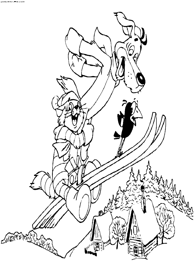 Розмальовки Троє з Простоквашино розфарбування Катання лижах веселощі кіт пес 