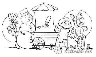 Розмальовки дітям Сніговик-морозивник дарує дітям безкоштовне морозиво, розмальовки