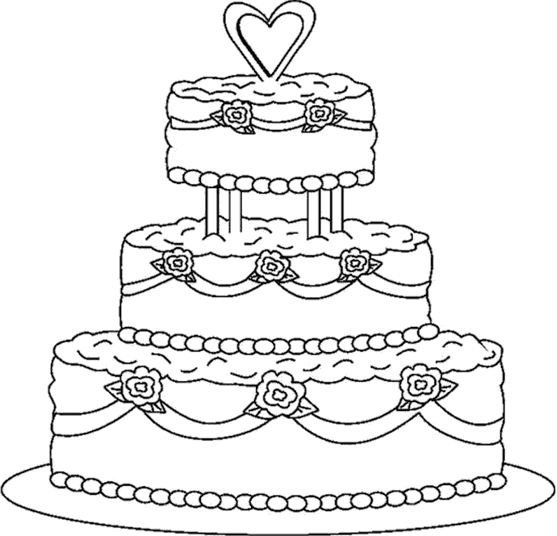 Розмальовки Торти та тістечка  Великий, смачний, торт, весільний, розфарбування