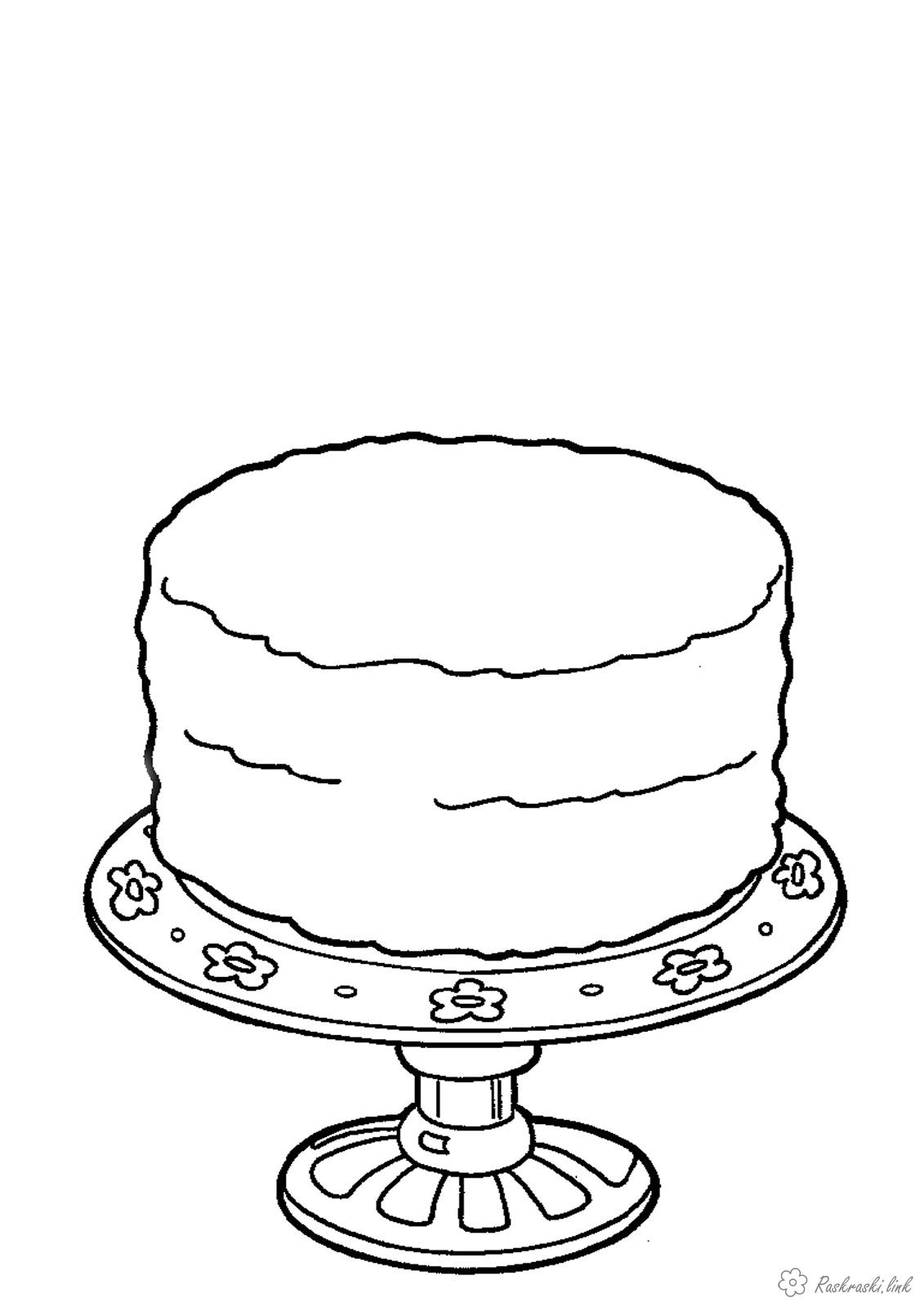 Розмальовки Торти та тістечка  Медовий, торт, лежить на красивому блюдце, розфарбування
