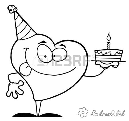 Розмальовки Торти та тістечка  Сердечко, дуже смачний торт, розфарбування, день народження
