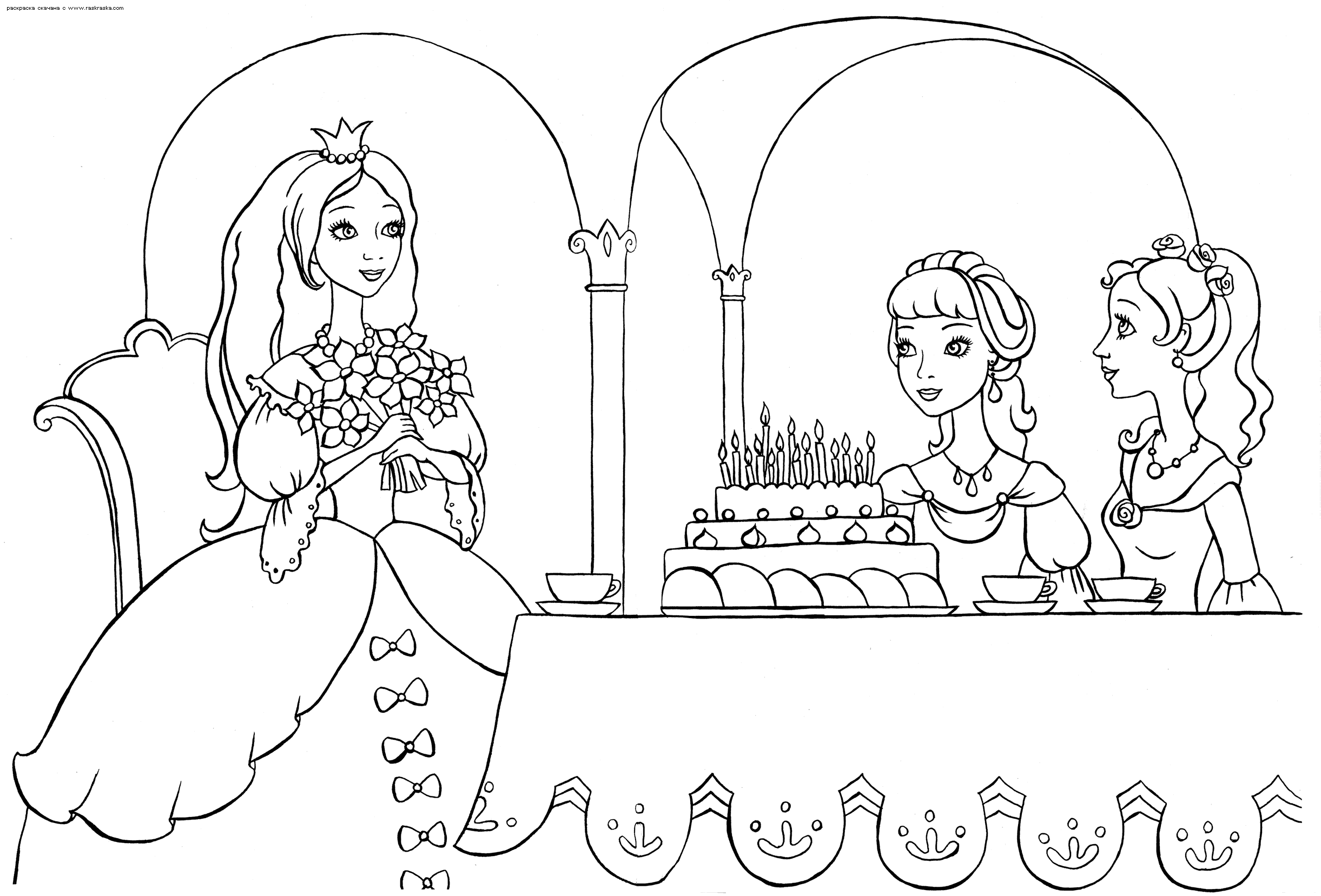 Розмальовки Торти та тістечка  Принцеси, чаювання, розфарбування, торт, десерт