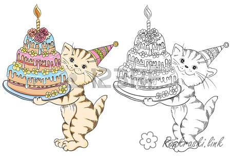 Розмальовки Торти та тістечка  Милий, котик, з великим тортом, розфарбування