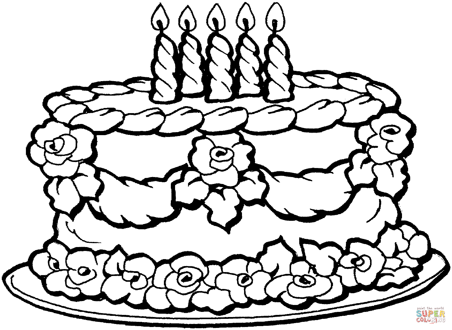 Розмальовки Торти та тістечка  Торт, свято, день народження, свічки, трояндочки з крему