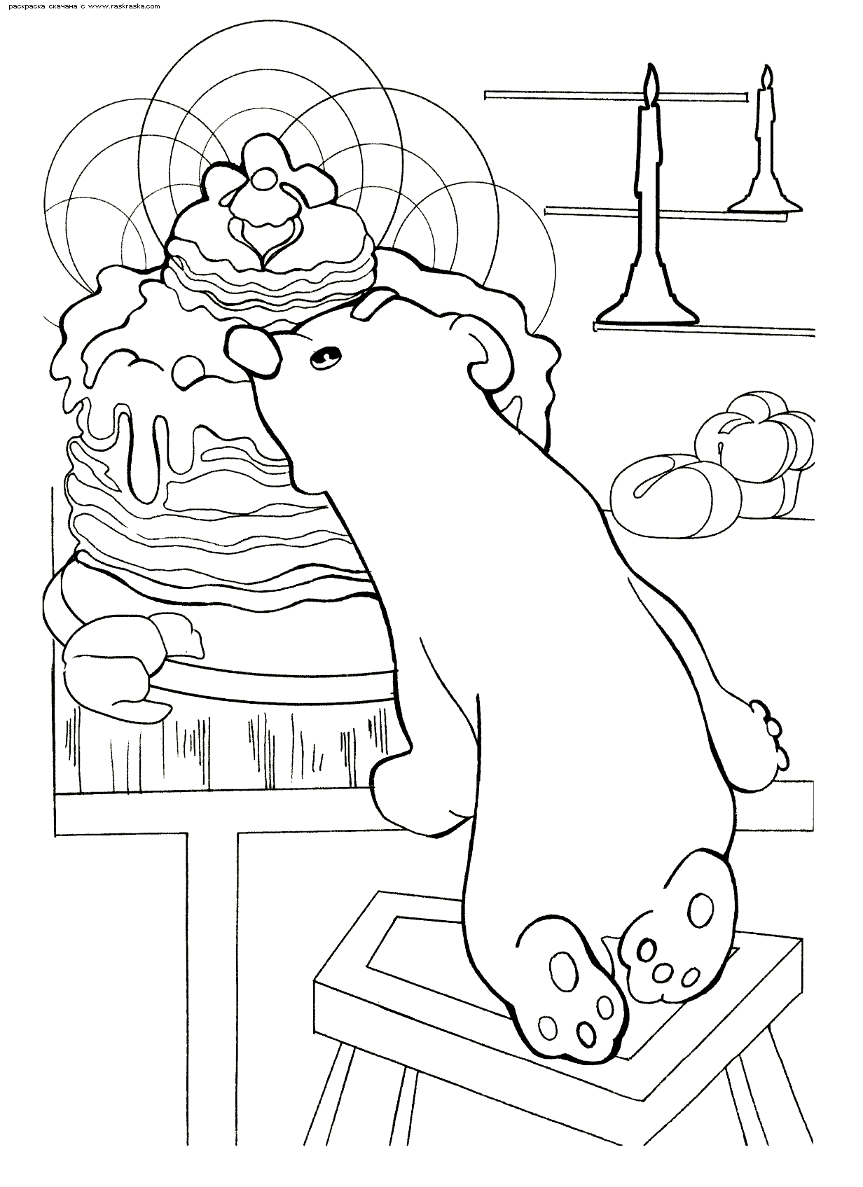 Розмальовки Торти та тістечка  Мишко, хоче з'їсти торт, розфарбування, бісквітний