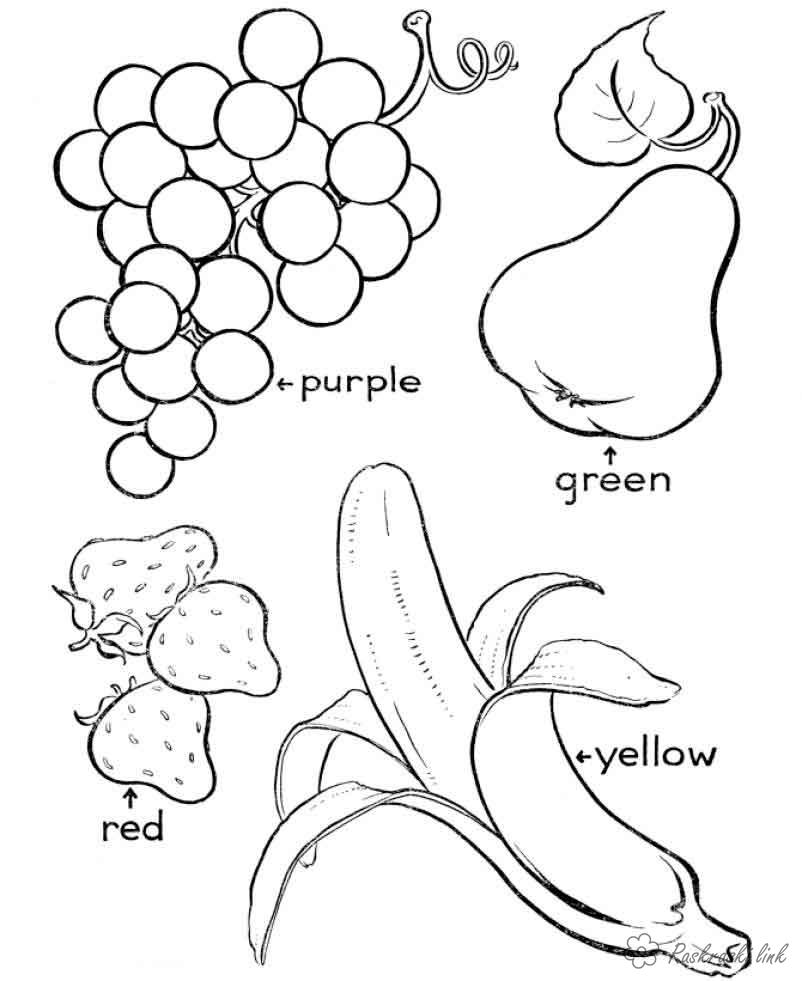 Розмальовки їжа Банан, виноград, груша і полуниця, розфарбування