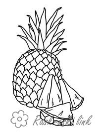 Розмальовки фрукти Великий стиглий ананас і часточки ананаса, розфарбування