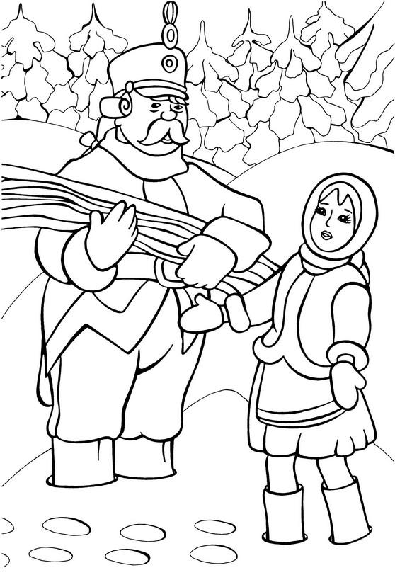 Розмальовки за Дівчинка в лісі зустрічає солдата який несе хмиз