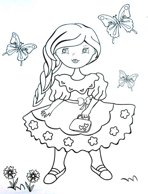 Розмальовки метелики Маленька дівчинка в пишній сукні тримає в руках сумочку і навколо неї кружляють метелики