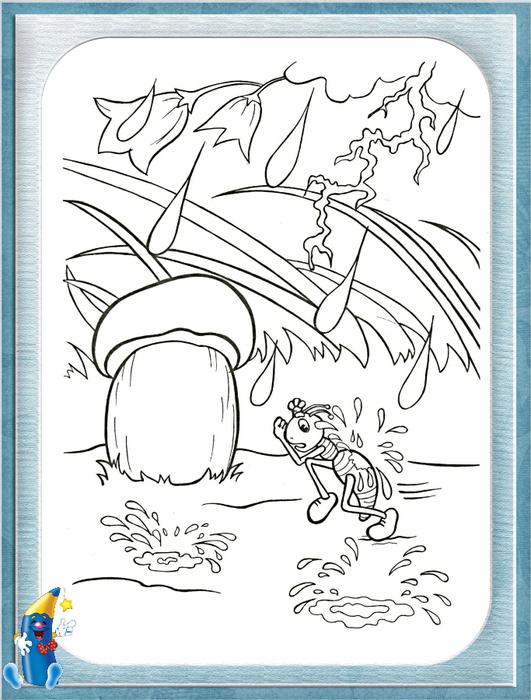 Розмальовки казках Мураха потрапив під сильний дощик по дорозі він побачив великий гриб і він попрямував до нього що б сховатися від дощу