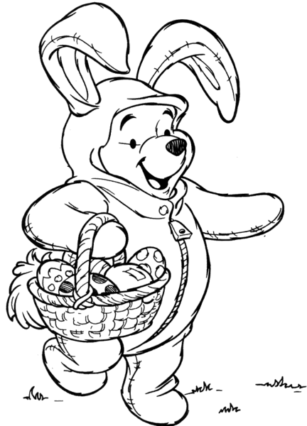 Раскраски раскраски для детей по сказкам Винипух наряженный в костюм кролика несет в корзинке крашенные яички 