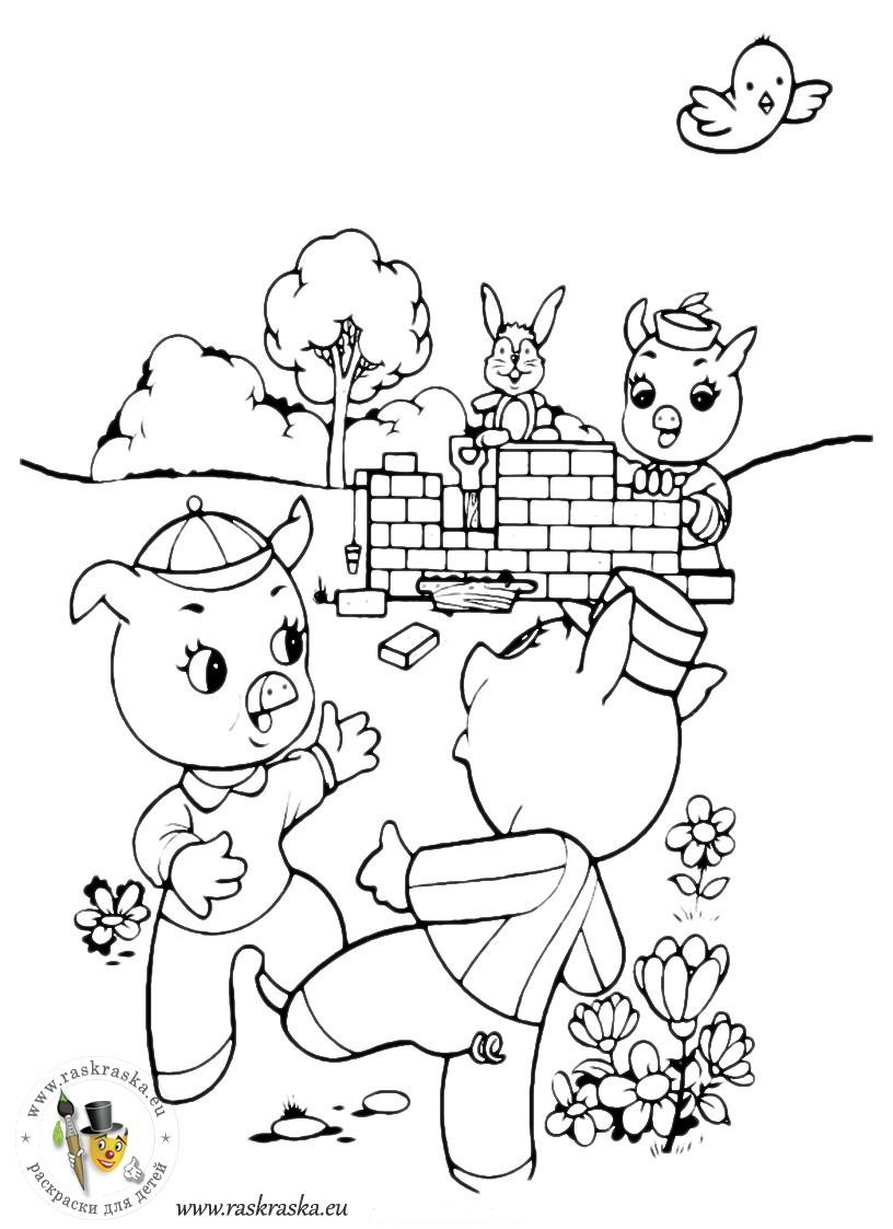 Раскраски раскраски для детей по сказкам Два братца поросенка видят как их третий братец строит домик из кирпича, а помогает ему зайчонок