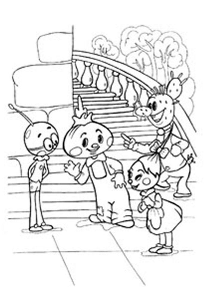Раскраски раскраски для детей по сказкам Чиполлино со своими друзьями слушает вешенку, а позади них большая лестница
