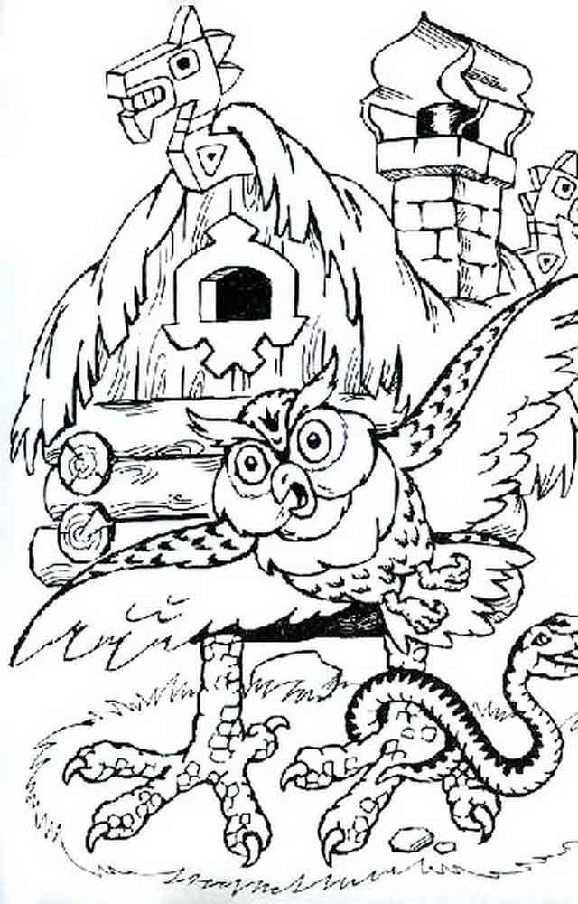 Раскраски раскраски для детей по сказкам Избушка на курьих ножках со змеей на лапе и летит большая сова