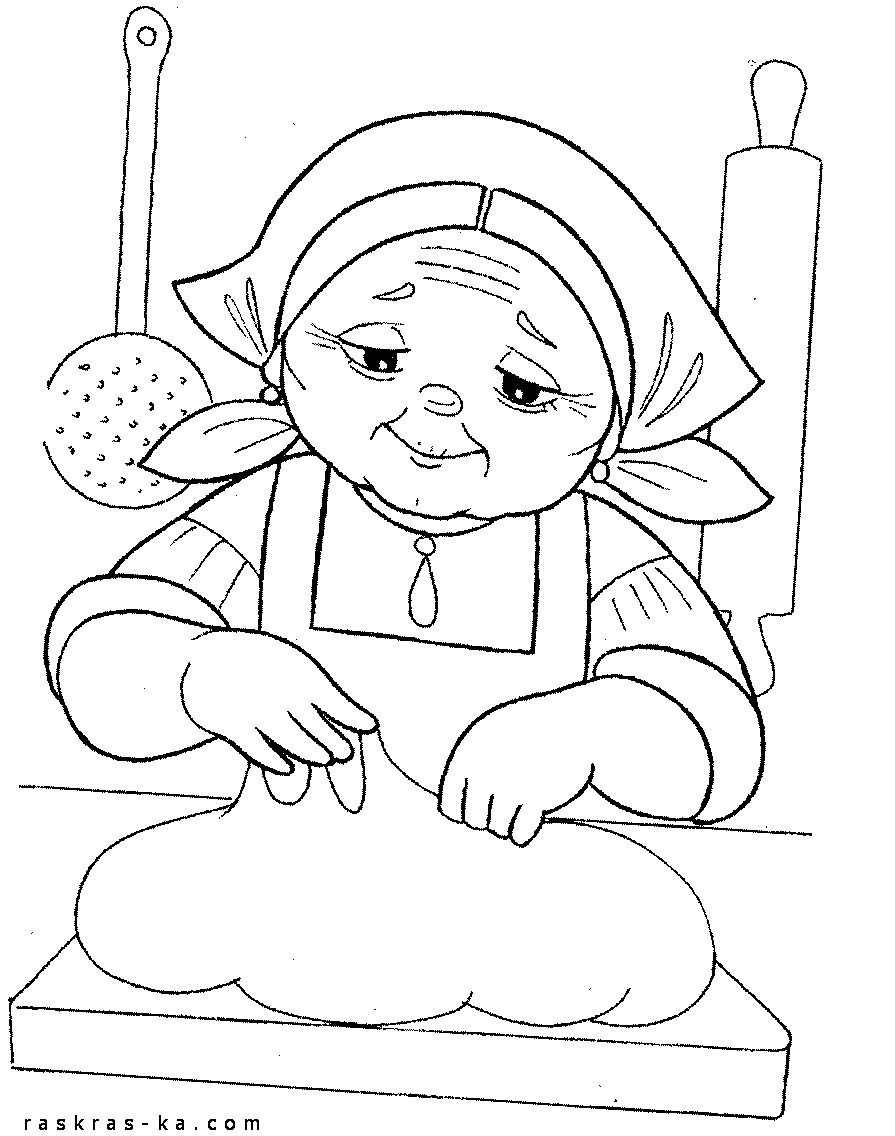 Раскраски раскраски для детей по сказкам Бабушка в платке и фартуке месит тесто на столе 