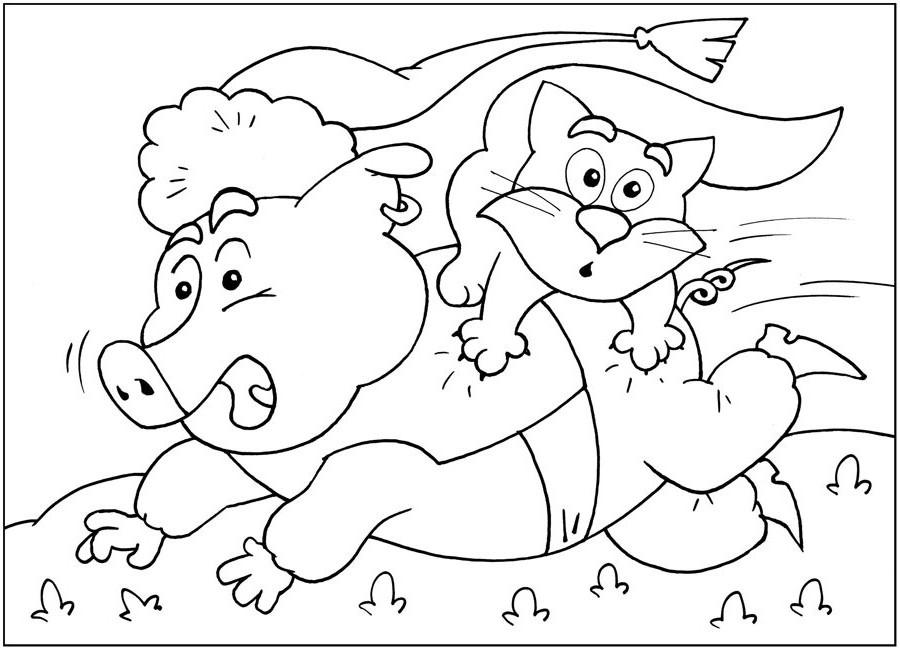 Раскраски раскраски для детей по сказкам Поросенок бежит бегом а на спине у него держится кот