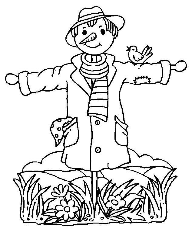 Раскраски раскраски для детей по сказкам Стоит пугало в поле в шляпе и пальто и на нем сидит птичка