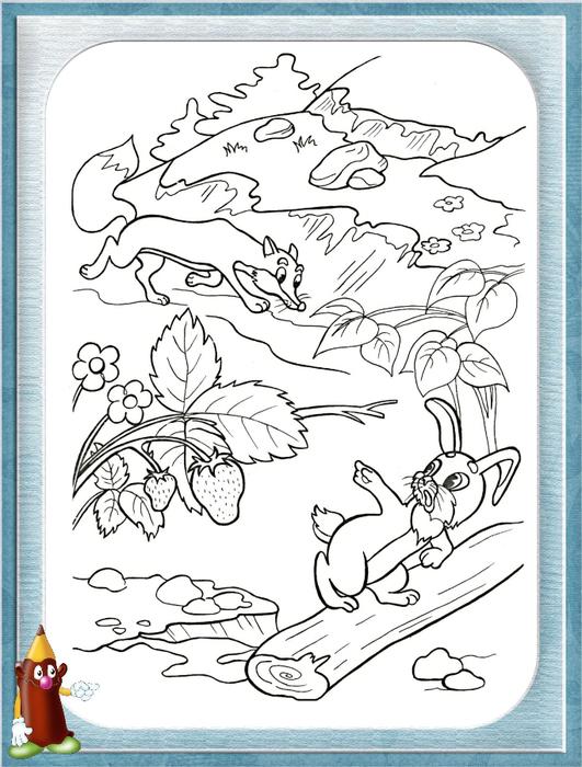 Раскраски раскраски для детей по сказкам Зайчонок убегает от лисицы, а она идет по его следу