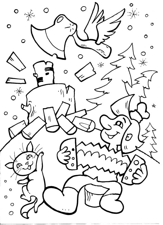 Раскраски раскраски для детей по сказкам Дурака Емеля играет на гармошке а летающий топор рубит дрова и пляшет кошка  