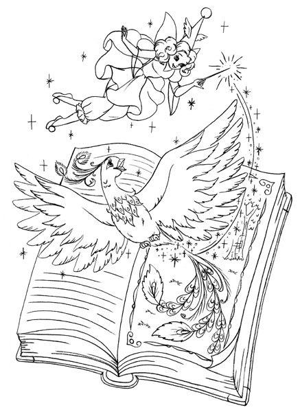 Раскраски раскраски для детей по сказкам Волшебная фея выпустила из книжки красивую жар птицу