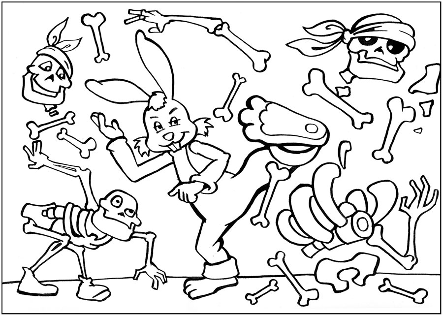 Раскраски раскраски для детей по сказкам Заяц разломал скелет пирата ногой и кости полетели в разные стороны