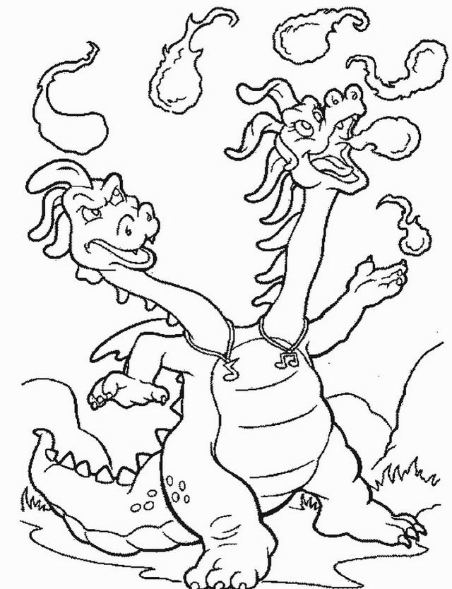 Раскраски раскраски для детей по сказкам Двух головый дракон выпускает из своего рта огненное пламя