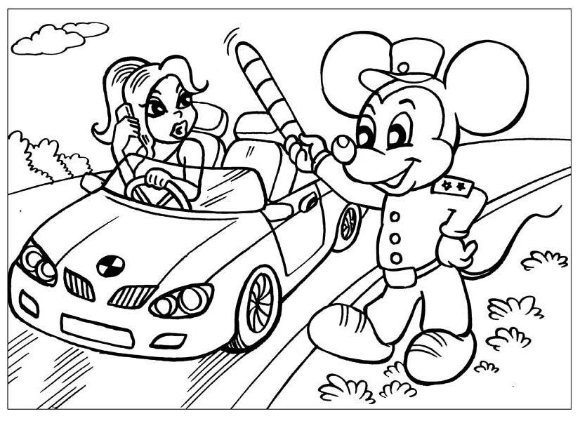 Раскраски раскраски для детей по сказкам Мышонок в форме гаишника останавливает девушку на кабриолете