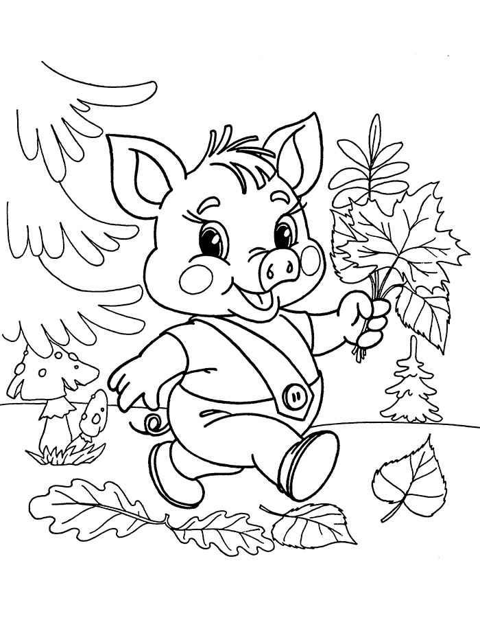 Раскраски раскраски для детей по сказкам Идет поросенок по лесу и держит в руках букет и листочков