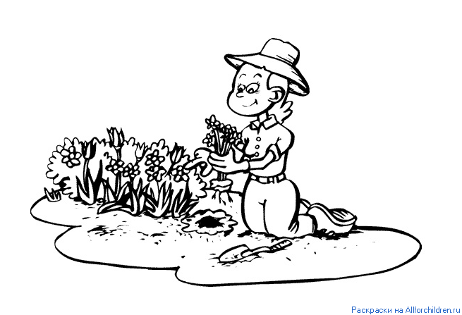 Раскраски раскраски для детей по сказкам Девушка на поляне выкапывает цветы с помощью лопатки 